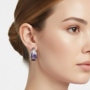 Purple Enamel Chunky Hoop Earrings Rhinestone